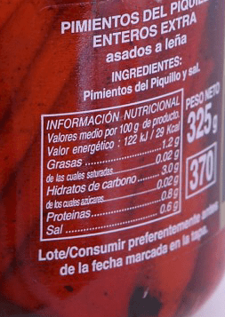 Información nutricional y listado de ingredientes
